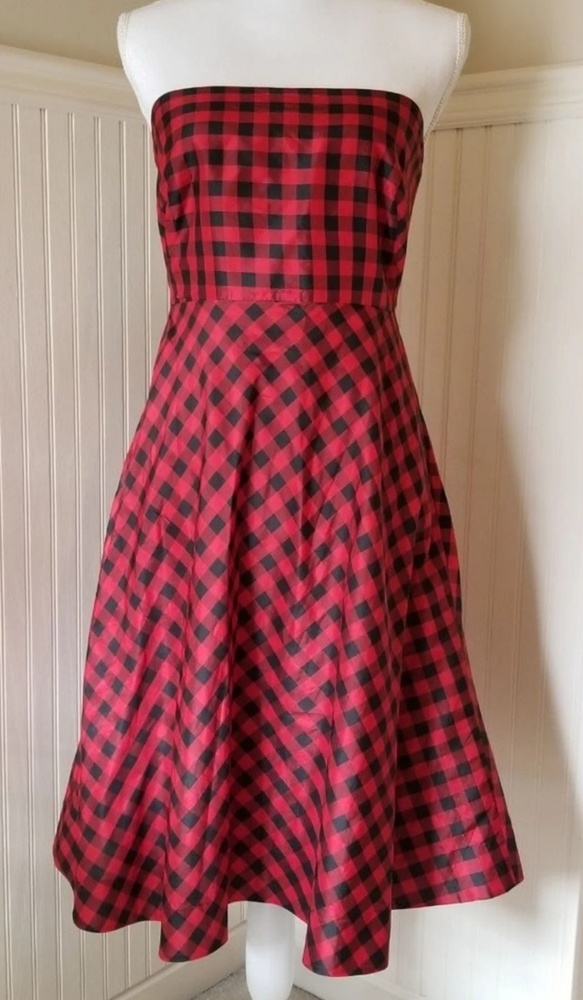 J Crew Buffalo Check Red Black Silk Dress